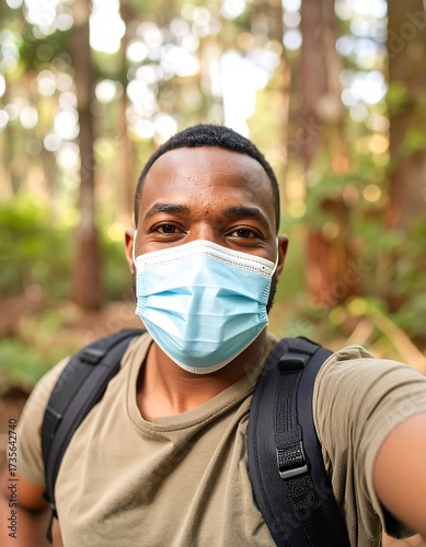 A man in a forest, wearing a face mask and backpack