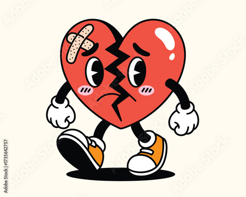Sad broken heart character with bandaids
