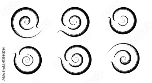 Six black ink brush stroke spiral shapes on a white background Keywords: spiral, swirl, brush stroke, ink, paint, black, white, abstract, graphic, design, element, illustration, set, collection