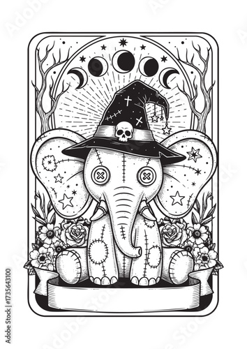 Voodoo Elephant Doll Vector with Witch Hat and Occult Symbols