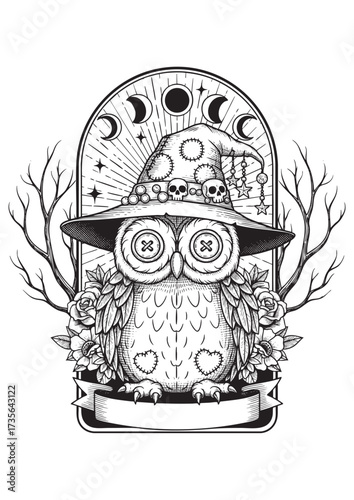 Occult Owl Voodoo Doll Vector Illustration with Witch Hat