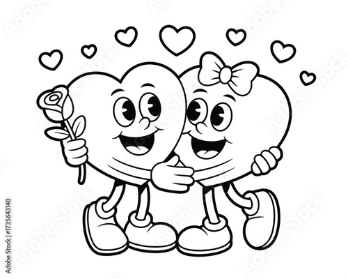 Two cartoon hearts hugging isolated on white