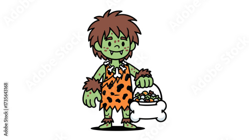 Caveman Cartoon: A vibrant illustration of a friendly caveman holding a bag of coins, his expressive eyes full of curiosity and charm. This captivating cartoon is perfect for various designs.