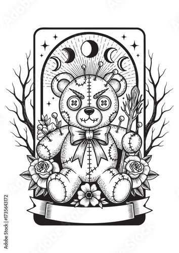 Voodoo Teddy Bear Doll with Occult Symbols Vector Illustration