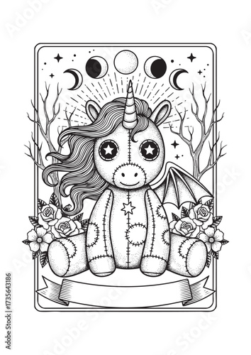 Mystical Voodoo Unicorn Doll with Occult Patterns Vector