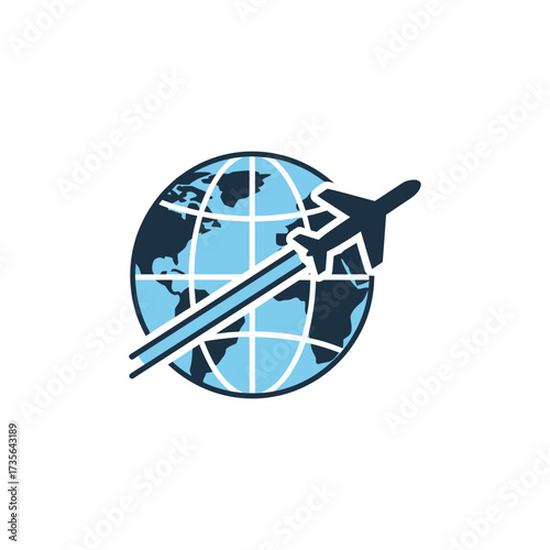 Airplane flies around the globe, symbolizing international travel and global connectivity in a modern and minimalist style.