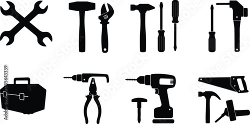 Silhouette of construction tools, repair equipment, hand tools, power tools, toolbox, wrench, hammer, pliers, screwdriver, drill, saw, vector