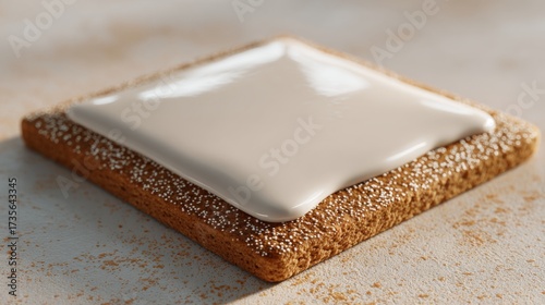 A close-up of a golden-brown cookie topped with a smooth white icing, showcasing its glossy texture and sprinkles.