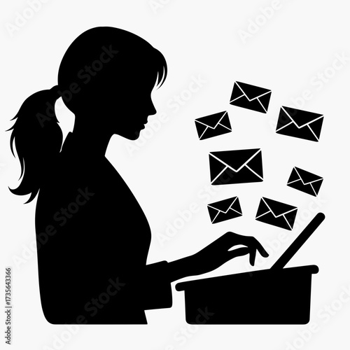 Silhouette of a woman managing emails on a light background