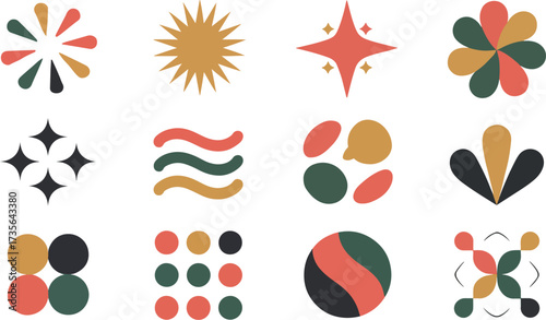 A collection of retro geometric shapes, featuring stars, waves, and abstract designs in earthy tones, evoking a sense of midcentury modern style and organic artistry