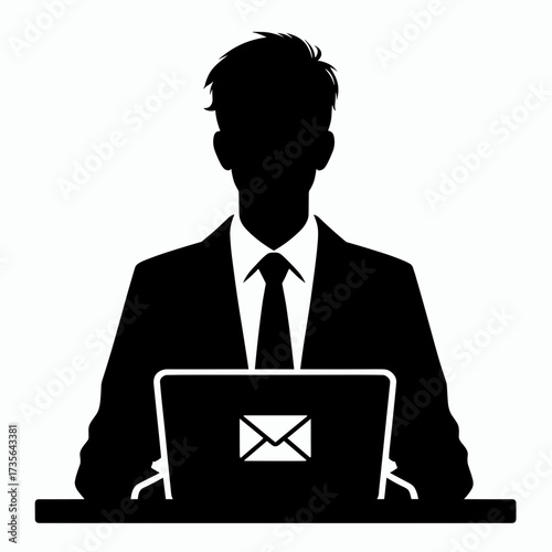 Silhouette of a businessman managing emails at a laptop on a light background