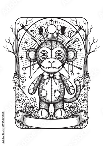 Mystic Monkey Voodoo Doll Vector with Occult Symbols and Cosmic Energy