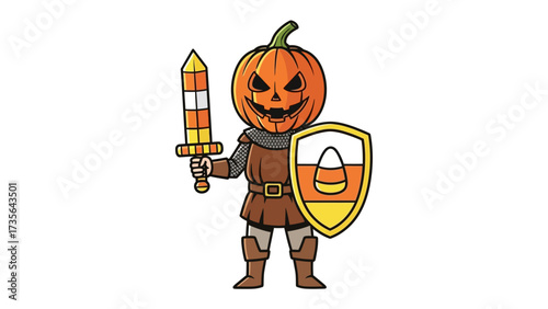 Pumpkin Knight: A unique Halloween illustration of a pumpkin-headed knight armed with a candy corn sword and shield, ready for spooky adventures.