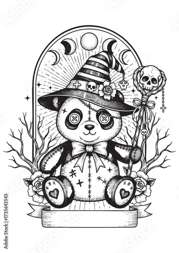 Occult Panda Voodoo Doll with Witch Hat and Pumpkins Vector