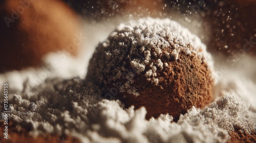Close-up of a cocoa truffle dusted with cocoa powder, surrounded by a soft pile of chocolate shavings, creating a rich and indulgent atmosphere.