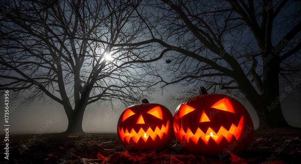 custom made wallpaper toronto digitalTwo lit jackolanterns sit under bare trees fogshrouded in moonlight