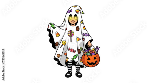 Spooky Halloween Delight: A child, enveloped in a ghost costume adorned with sweets, joyfully carries a pumpkin basket, embodying the spirit of Halloween with a mischievous grin.