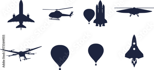 Silhouettes of flying vehicles, aircraft, drones, hot air balloons, rockets, space shuttle, helicopter, jet, glider, aviation icons, transportation set