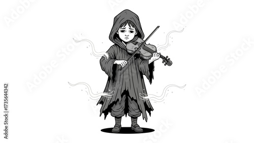 Mystic Melody: A young figure cloaked in flowing robes, pouring their soul into a violin, conjuring a world of ethereal sound.