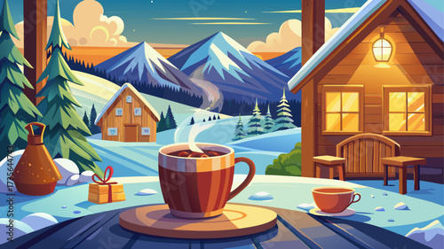 Cozy winter lodge interior featuring a steaming cup of cocoa and a snowy ski slope view, warm atmosphere, rustic charm, seasonal comfort, inviting scene, perfect for poster, design, 