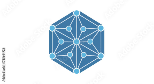 A flat vector illustration of a hexagon logo with connected nodes inside
