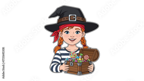 Young Pirate Witch: A charming illustration of a young girl embracing her imagination, with a witch's hat, a pirate bandana, a striped shirt, and a treasure chest.