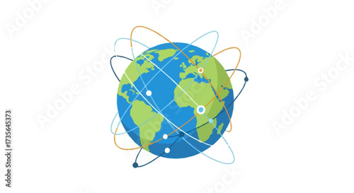 A flat vector illustration of a stylized globe with abstract connecting lines