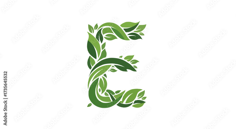 Fototapeta premium A flat vector abstract letter E with leaf elements, symbolizing eco-friendly and nature isolated white