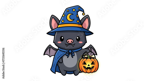 Cute Bat with Halloween Pumpkin: A delightful cartoon bat, dressed in a charming wizard hat and cape, cheerfully clutches a carved pumpkin, perfectly capturing the spirit of Halloween. 