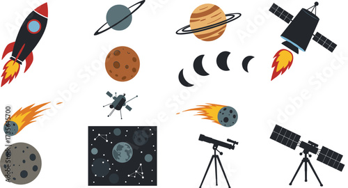 Space exploration icons, rocket, planets, moon phases, satellite, telescope, meteors, astronomy tools, galaxy, stars, solar system, space probe, celestial bodies, night sky, space travel, science