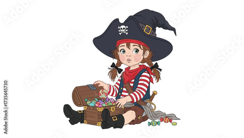 Treasure's Embrace: A charming illustration captures a young girl as a pirate, dressed in a striped shirt and a symbolic pirate hat, is deeply engrossed in a treasure chest.