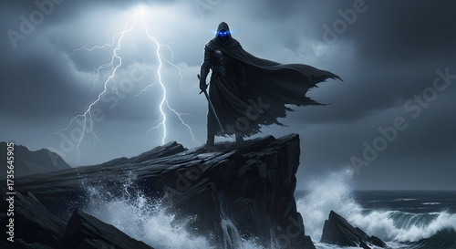 A dark cloaked figure standing atop a rocky cliff during a dramatic lightning storm scenery