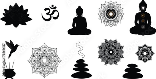 Spiritual symbols, meditation icons, chakra alignment, mandala art, Om sign, yoga silhouette, balance, meditative design, energy flow, wellness concept, spiritual practice, harmony, tranquility