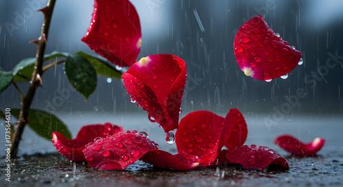 Romantic red rose petals falling in the rain evoking feelings of love and sadness on a dark
