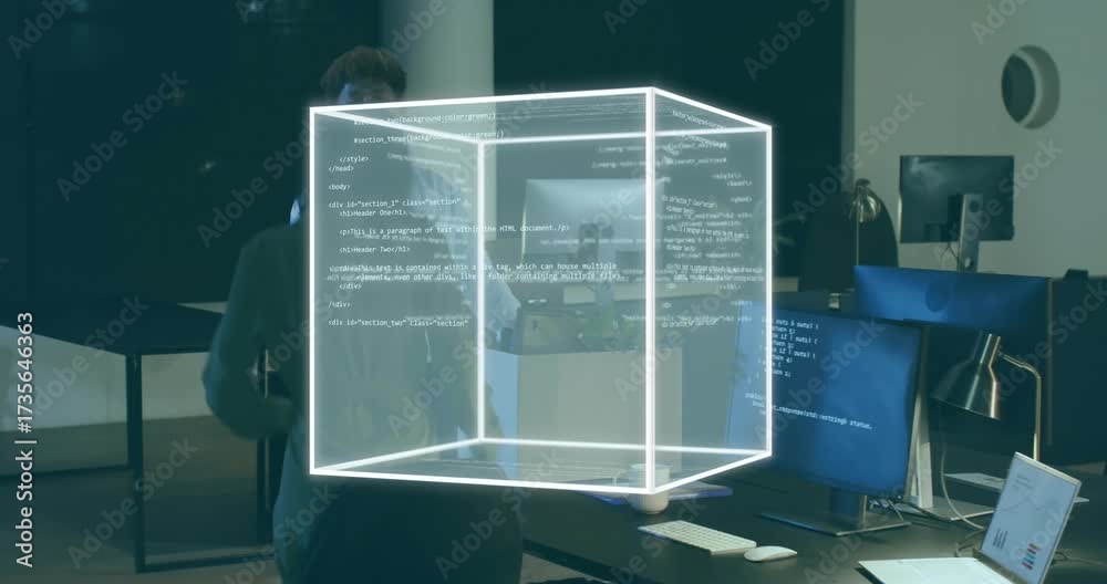Rotating Code Case Woman typing code activating 3D cube, man entering joining inspecting ...