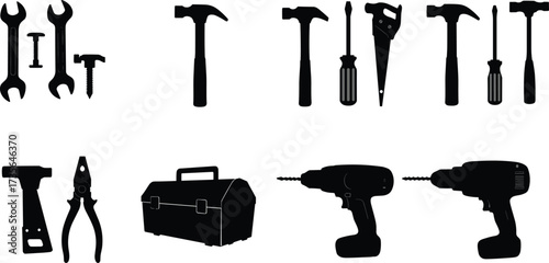Tool silhouette, hand tools, power tools, construction equipment, DIY gear, black icons, repair tools,wrench, hammer, screwdriver, saw, chisel, pliers, drill, utility knife, toolbox, maintenance kit