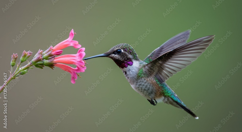 Fototapeta premium A colorful hummingbird sips nectar from a vibrant pink flower in nature