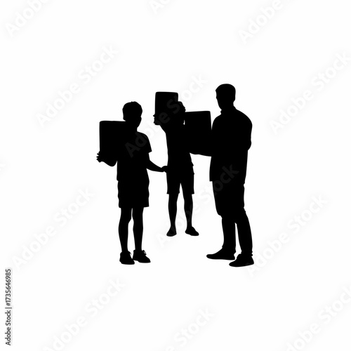 Silhouette of trainer guiding villagers to read signboards outside isolated on white background