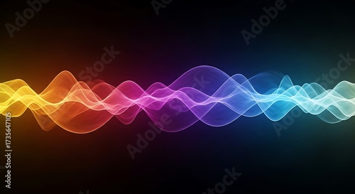 Abstract colorful sound wave visualization with glowing lines on a dark background, representing audio or music
