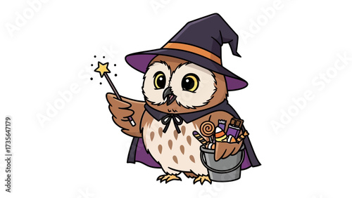 Enchanting Halloween Owl Illustration: An owl dressed as a witch, complete with a pointed hat and cape, holds a glowing magic wand, ready to cast spells, and a bucket of candies.