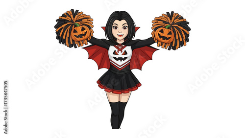 Spooky Cheerleader in Halloween Costume: A spooky vampire cheerleader with pumpkin pom-poms. Dressed for Halloween, she is spreading holiday fun and excitement.