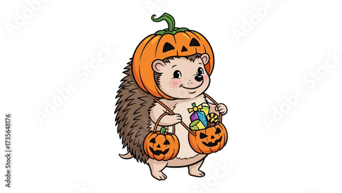 Whimsical Hedgehog Halloween: A charming illustration of a hedgehog, adorned in a pumpkin costume and carrying treat bags. 