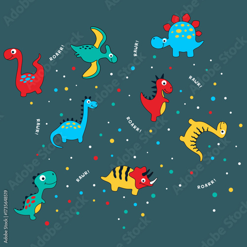 Cute Cartoon Dinosaur Pattern with Roar Sounds and Colorful ,vector illustration
