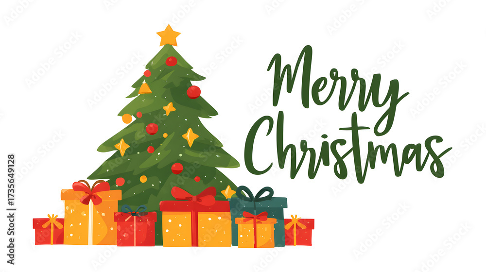 Naklejka premium Festive Christmas Tree with Colorful Gifts Ornaments banner background card illustration