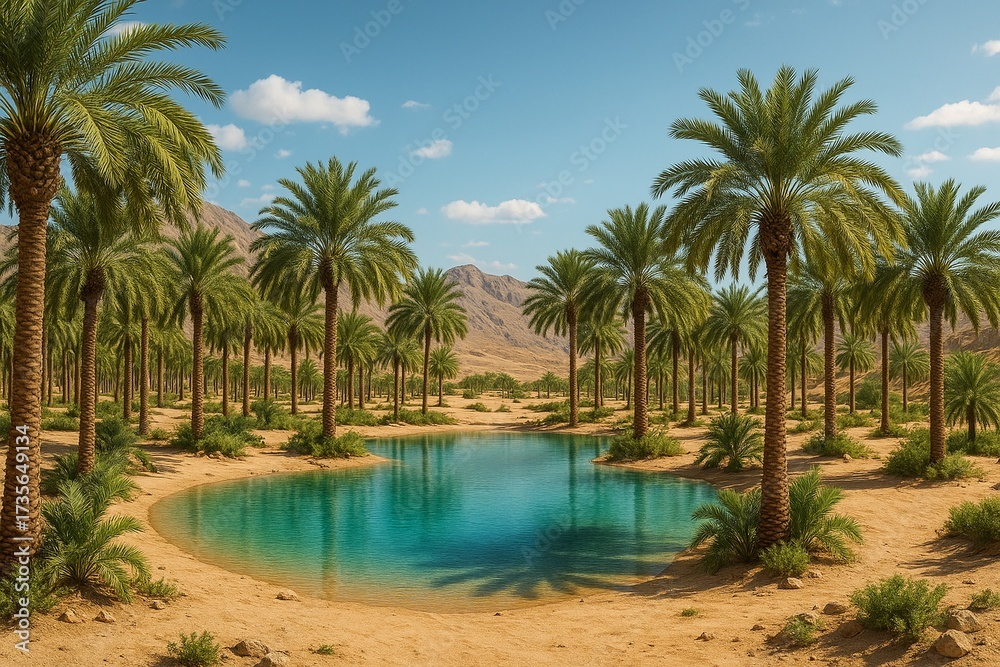 Obraz premium Tropical oasis lagoon with palm trees and turquoise water – desert paradise scene