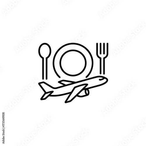 Airplane with plate spoon and fork icon for travel dining