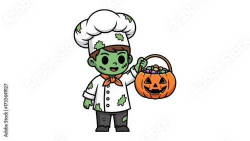 Spooky Chef's Halloween Delight: A whimsical illustration of a charming, zombified chef, wearing a classic toque blanche.