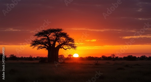 Silhouette of a baobab tree at sunset in the african savanna