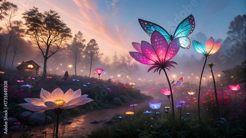 Enchanted twilight garden with glowing flowers and magical butterflies dancing in mist.