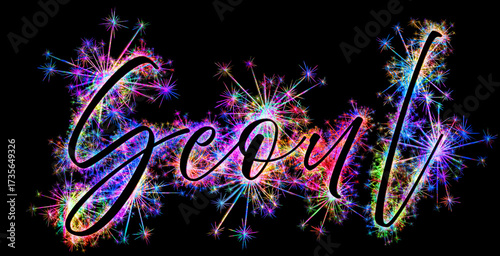 Kolorowe zimne ognie i fajerwerki układające się w kształt nazwy miasta Seoul stolicy Państwa Korea Południowa.